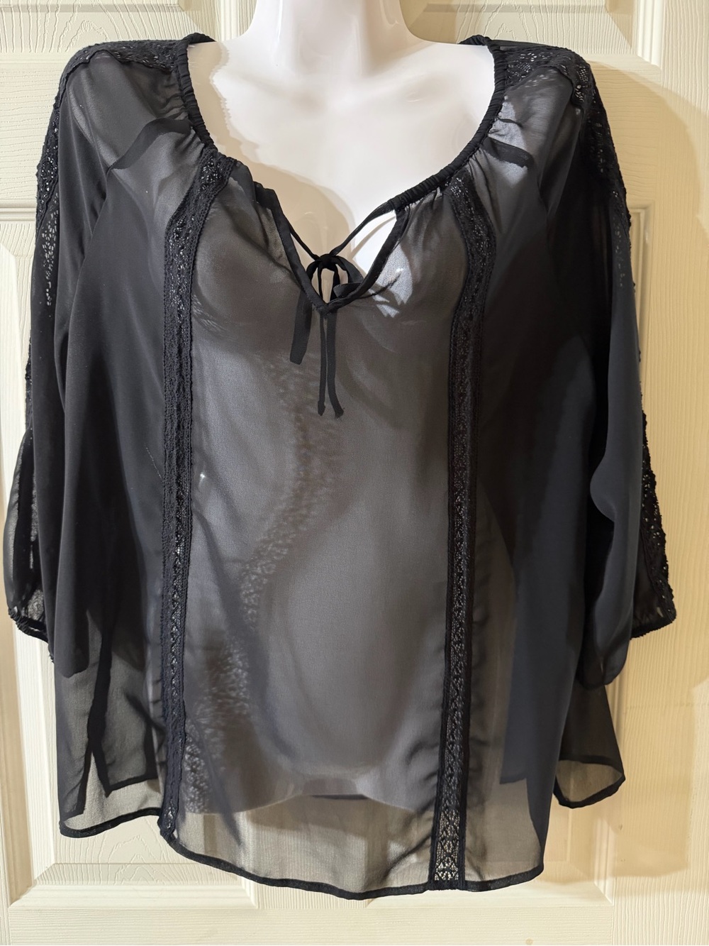 Express Semi-Sheer Black Tie-Front Lace Trim Blouse